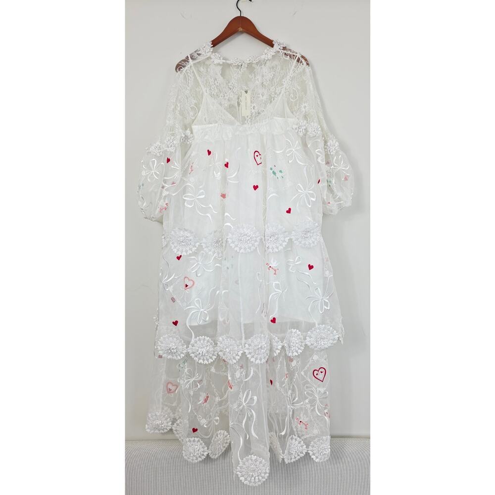 Maeve Sheer 3D Floral V-Neck Maxi Dress Ivory Pink & Red Hearts Sz Small NWT - Picture 6 of 15